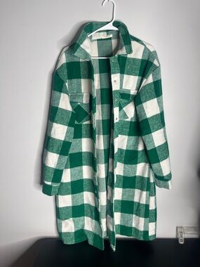 Plaid Teddy Shacket Coat in Green & White